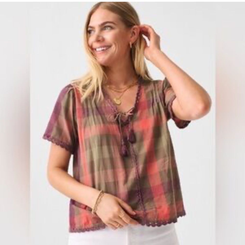 Faherty Women Margate Plaid Tassel Crochet Trim Pintuck Organic Cotton Blouse XS